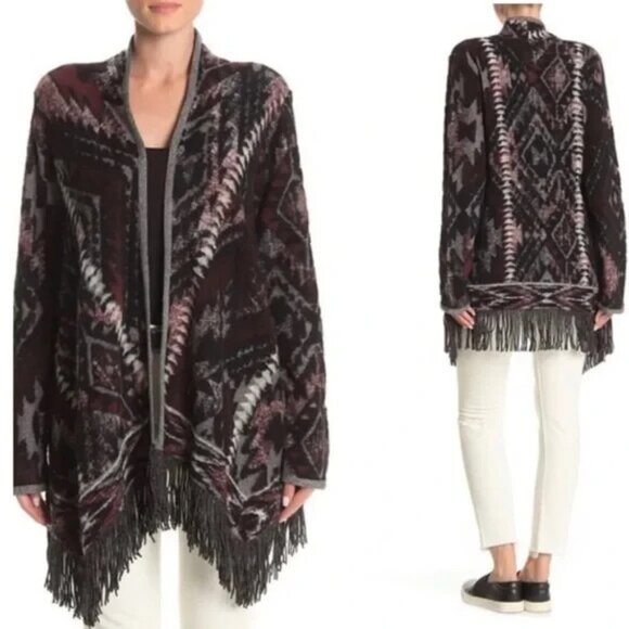 LUCKY BRAND Women Aztec Serape Sweater Sz M Black Red Long Sleeves Open Front - Picture 1 of 10